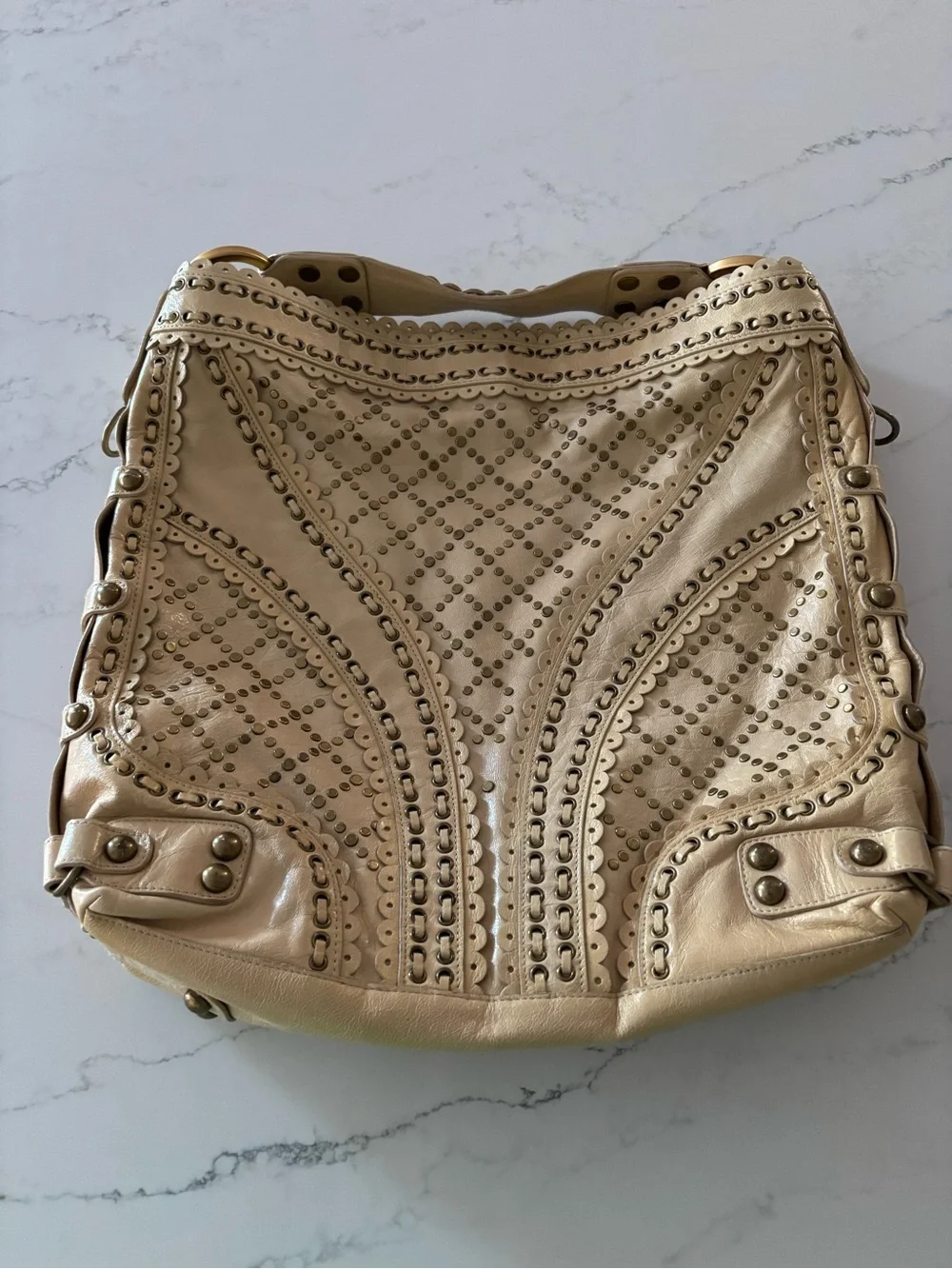 Vintage Isabella Fiore Beige Studded Leather Hobo Bag CT